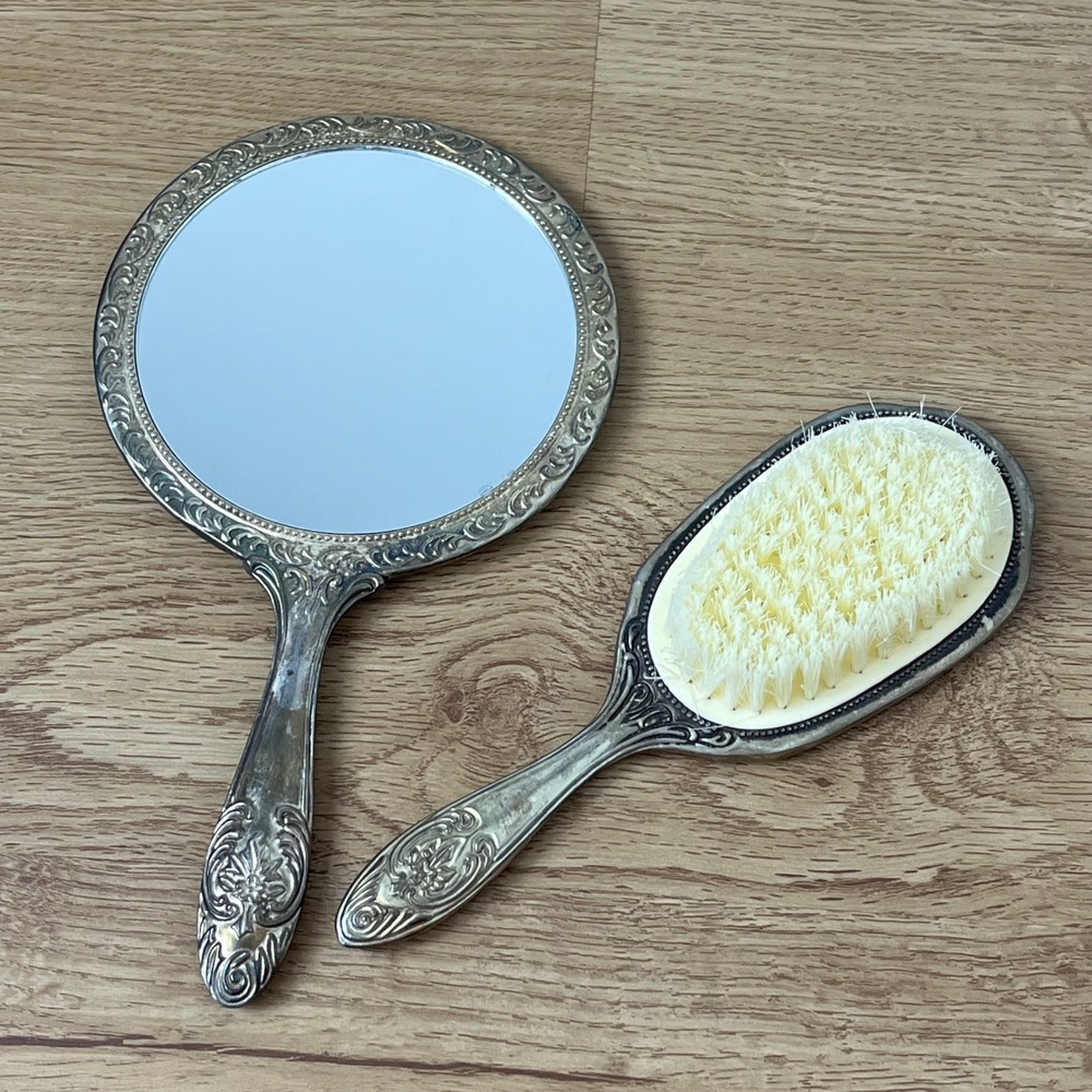 VTG Regency Silver Plated Vanity Mirror and Brush Set Floral Repousse Bridgerton